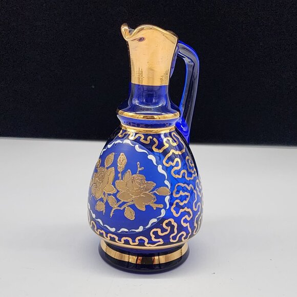 Vintage Cobalt Blue Glass Cruet With 24K Gold Floral Design & Handle 5.75" - Picture 1 of 9